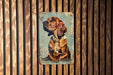 a picture of a dog on a wooden wall