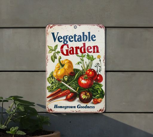 a vegetable garden sign hanging on the side of a building