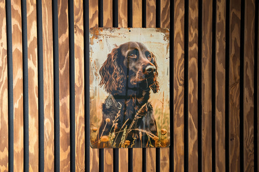 a picture of a dog on a wooden wall