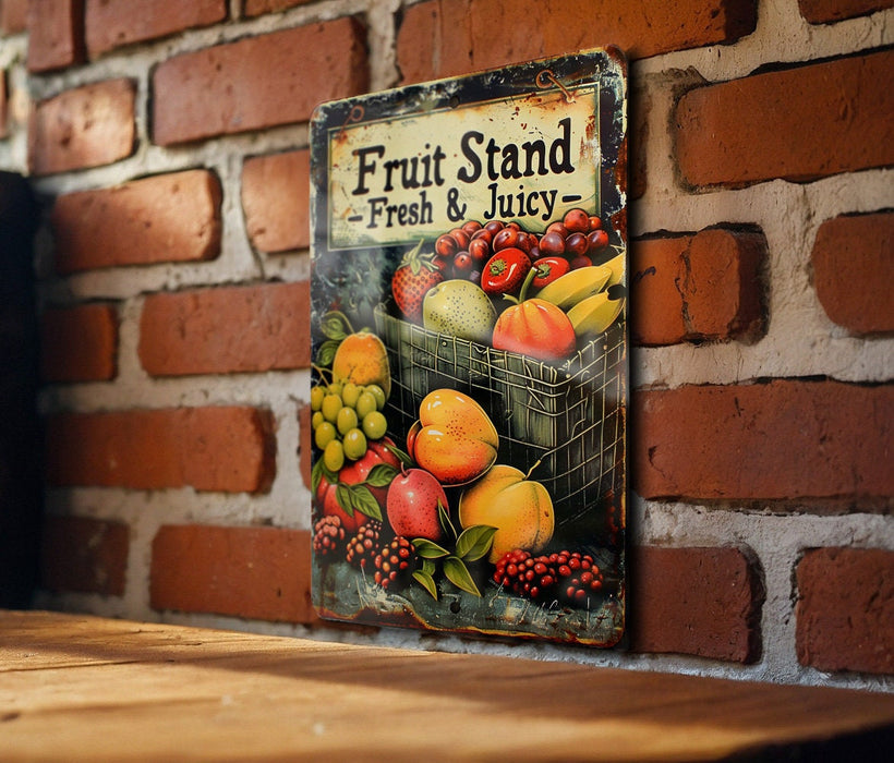 a fruit stand sign on a brick wall