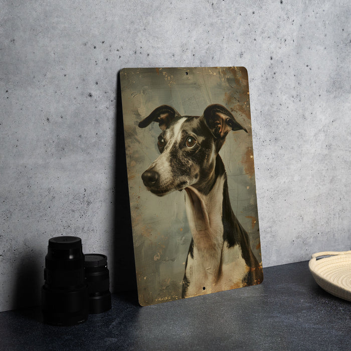 a picture of a black and white dog on a wooden plaque