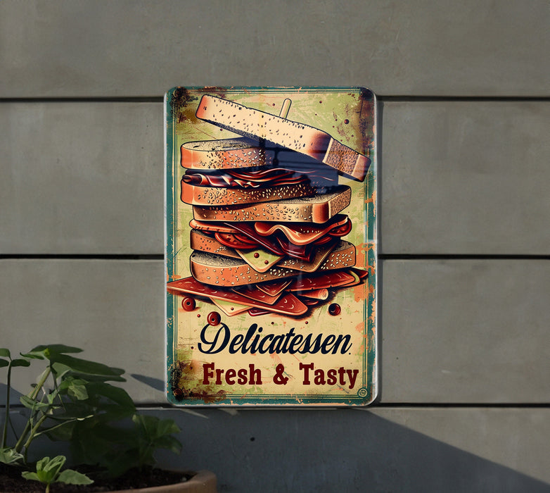 a metal sign with a bunch of food on it