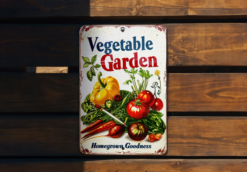 a vegetable garden sign hanging on a wooden wall