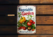 a vegetable garden sign hanging on a wooden wall