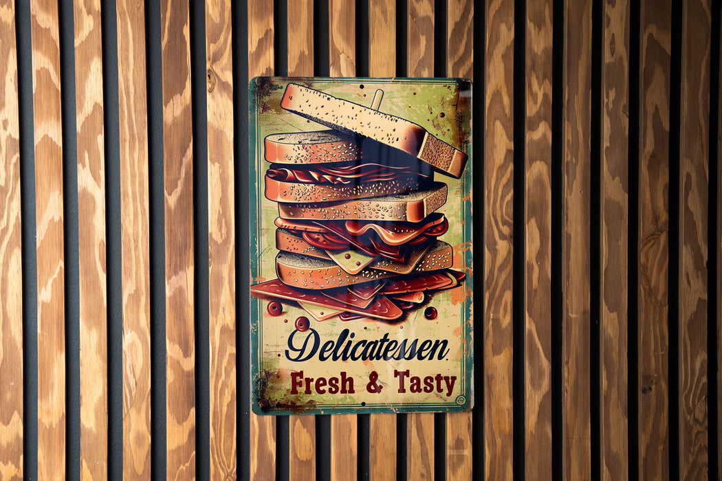 a sign on a wooden wall that says delicativeen fresh and tasty