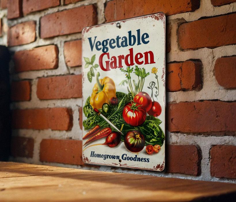 a vegetable garden sign on a brick wall