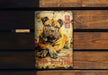 a picture of a dog on a wooden wall