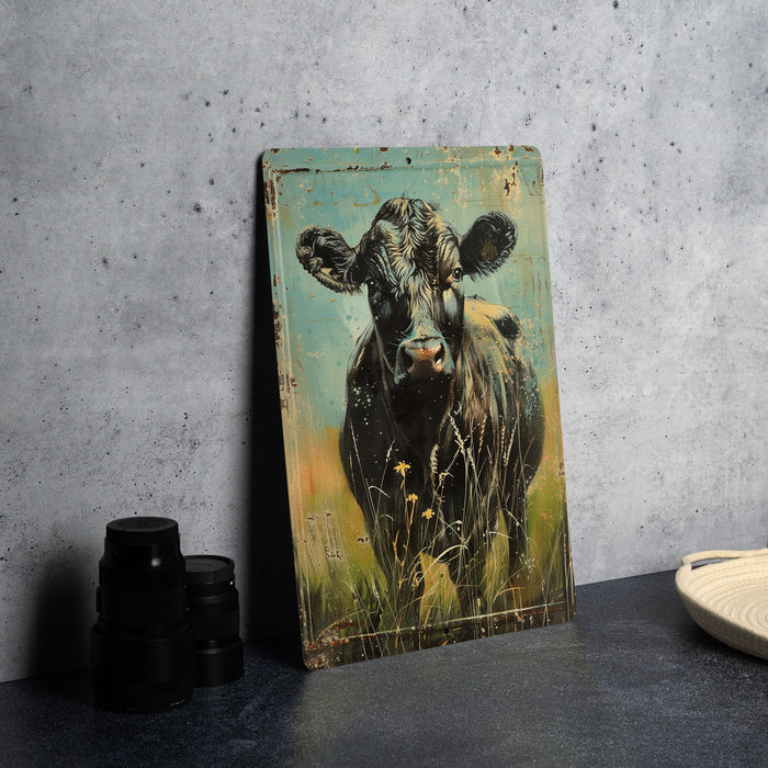a painting of a cow is on a table