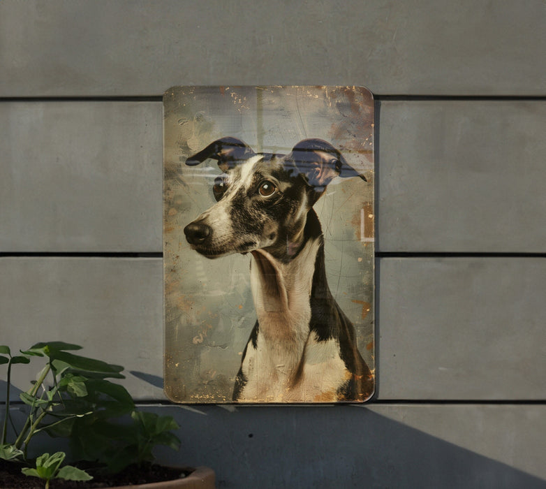 a picture of a dog is hanging on a wall