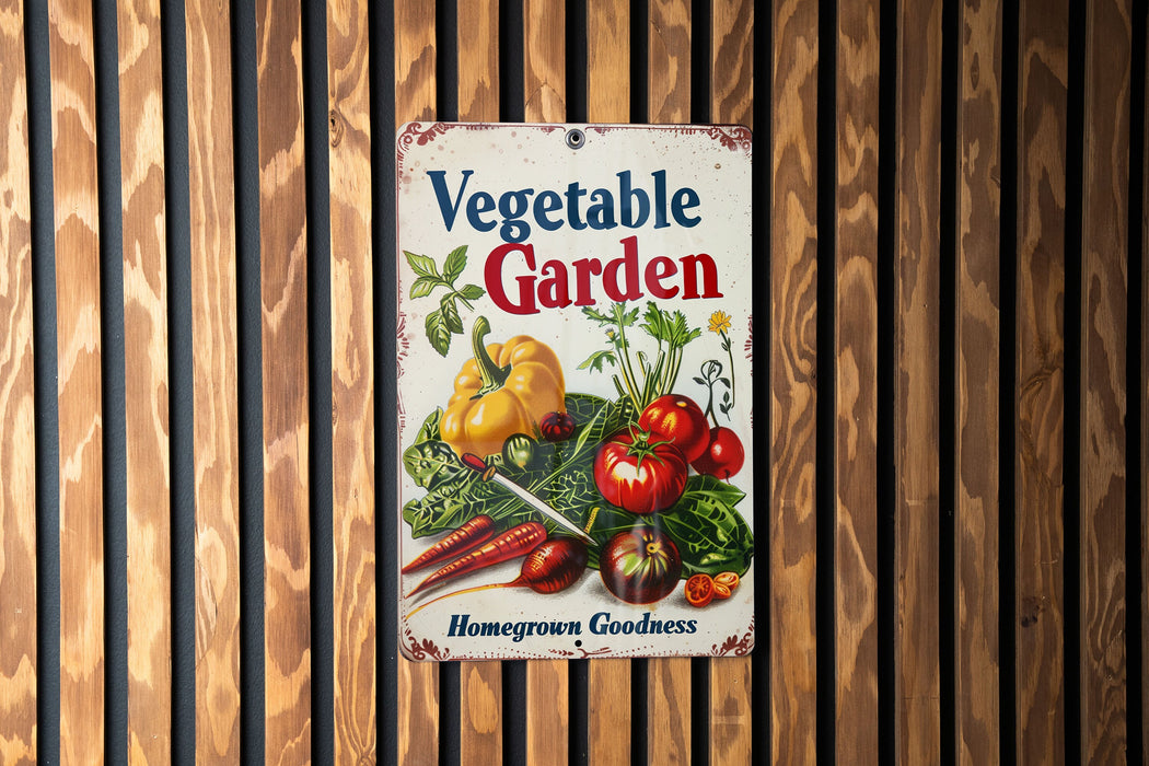 a vegetable garden sign hanging on a wooden wall