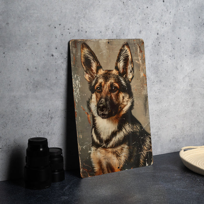 a picture of a dog on a wooden plaque