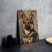 a picture of a dog on a wooden plaque