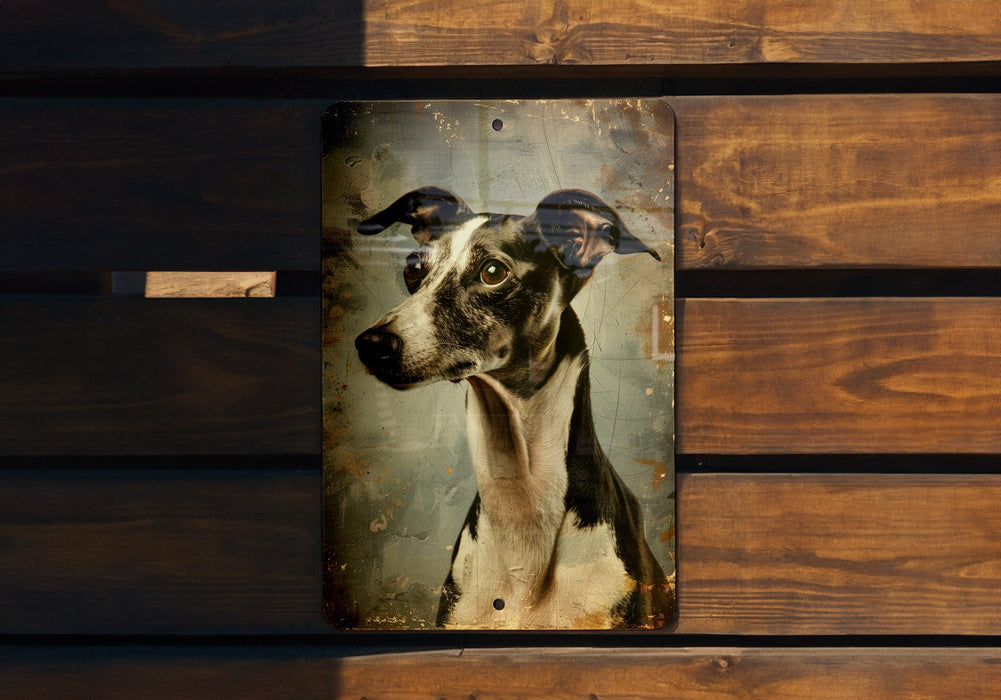 a picture of a dog hanging on a wooden wall