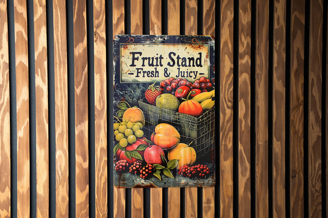 a fruit stand sign hanging on a wooden wall