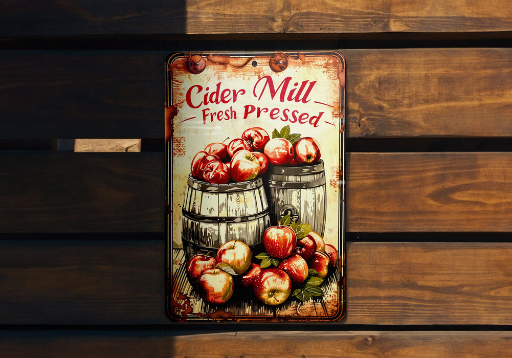 a sign on a wooden wall that says cider mill fresh pressed