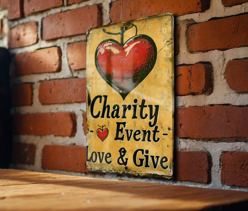 a sign on a brick wall that says charity event love and give