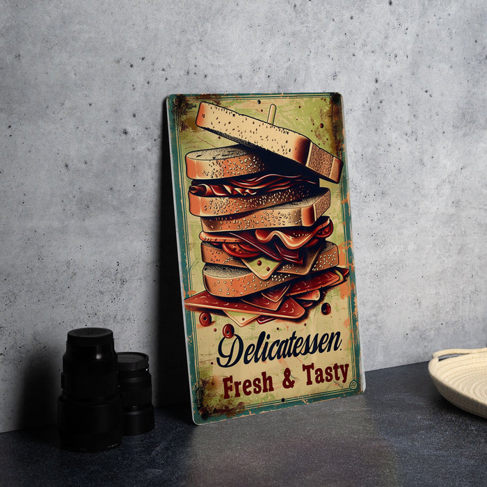 a metal sign with a picture of a stack of sandwiches