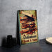 a metal sign with a picture of a stack of sandwiches