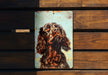 a picture of a dog on a wooden bench