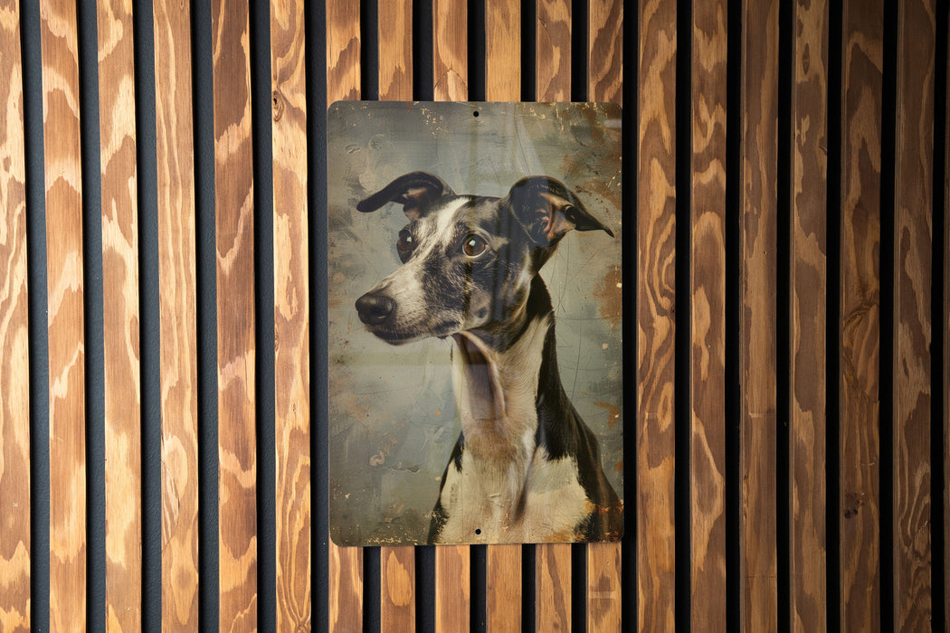 a picture of a dog hanging on a wooden wall