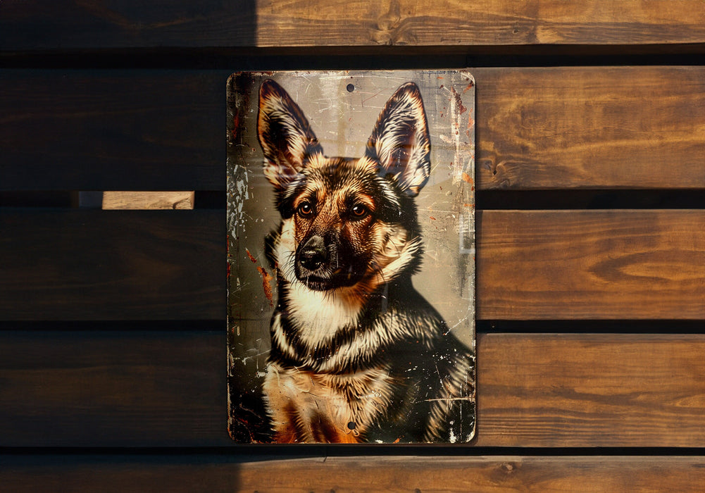 a picture of a german shepard on a metal plaque