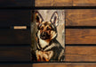 a picture of a german shepard on a metal plaque