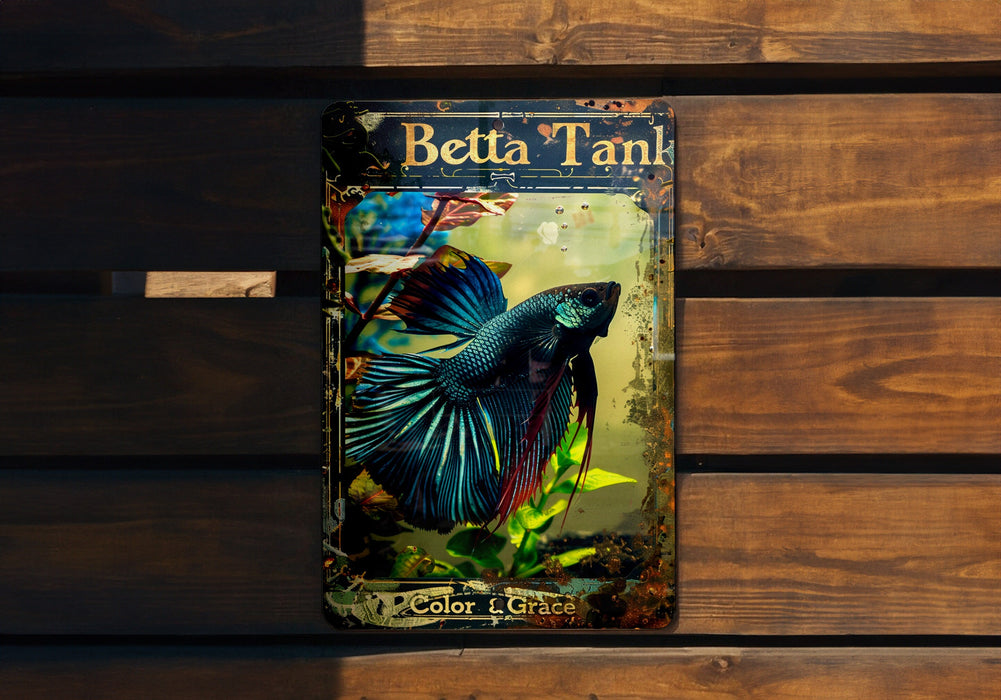 a blue betta tank sitting on top of a wooden bench