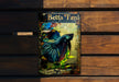 a blue betta tank sitting on top of a wooden bench