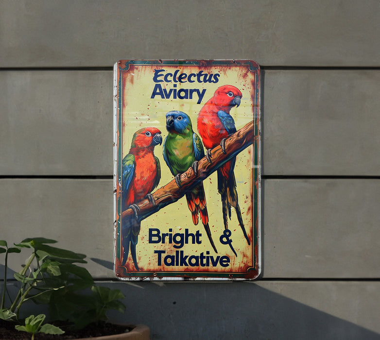 a metal sign with a picture of three parrots on it