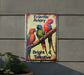 a metal sign with a picture of three parrots on it