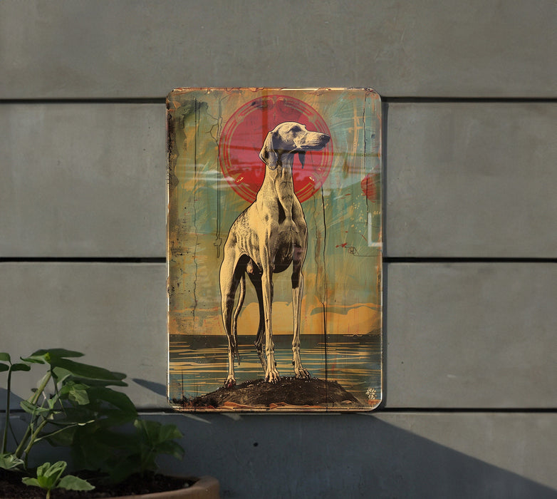 a painting of a dog on a wall next to a potted plant