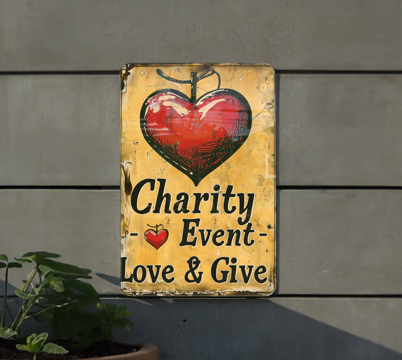 a sign that says charity event love and give