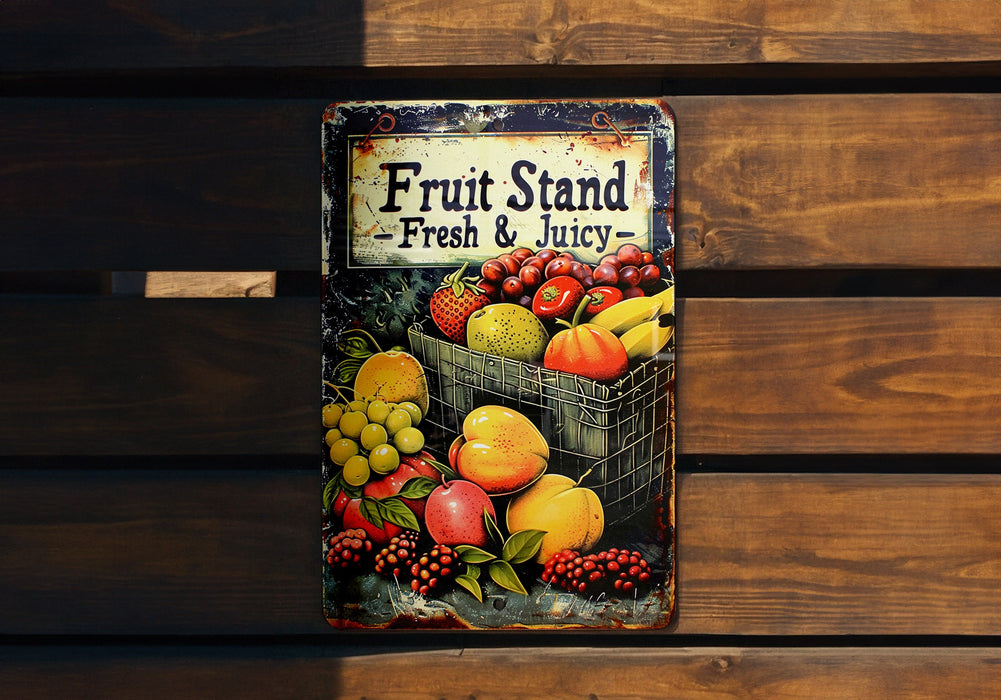 a metal sign with a bunch of fruit on it