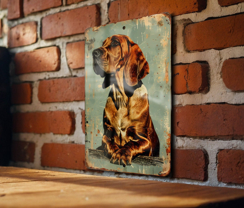 a picture of a dog hanging on a brick wall