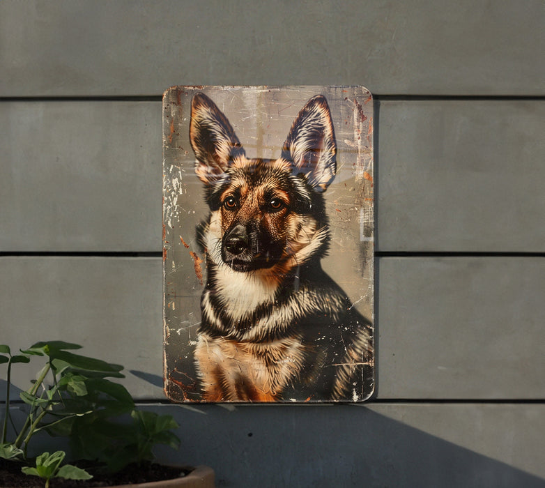 a picture of a dog on a metal plaque