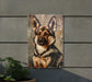 a picture of a dog on a metal plaque