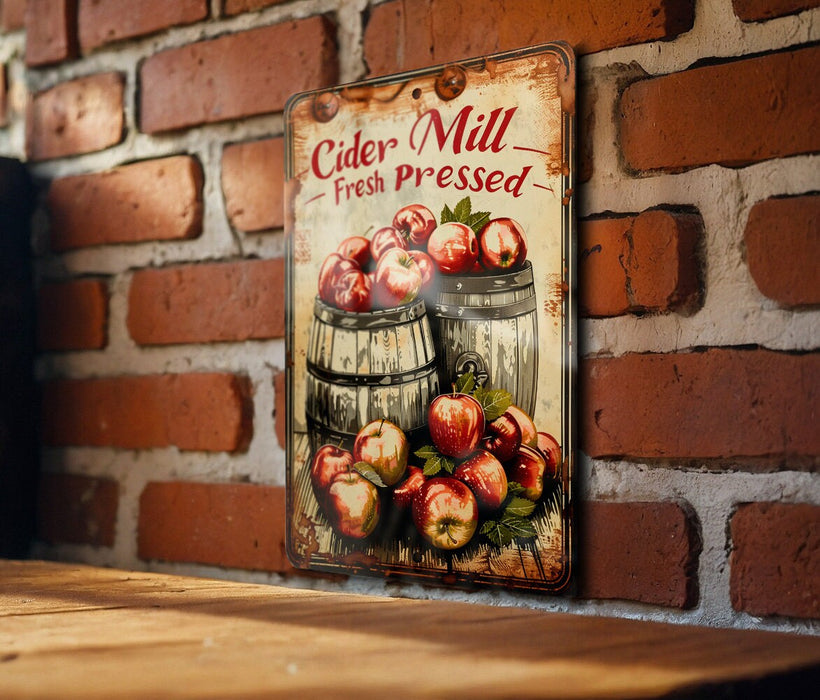a sign on a brick wall that says cider mill fresh pressed