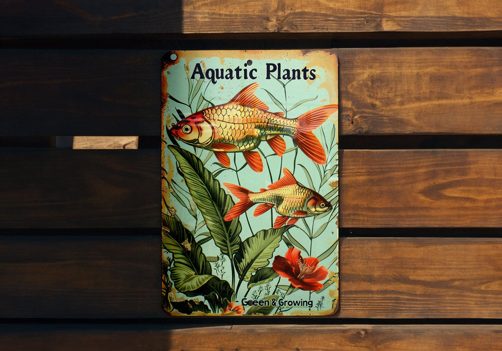 a sign on a wooden bench that says aquatic plants