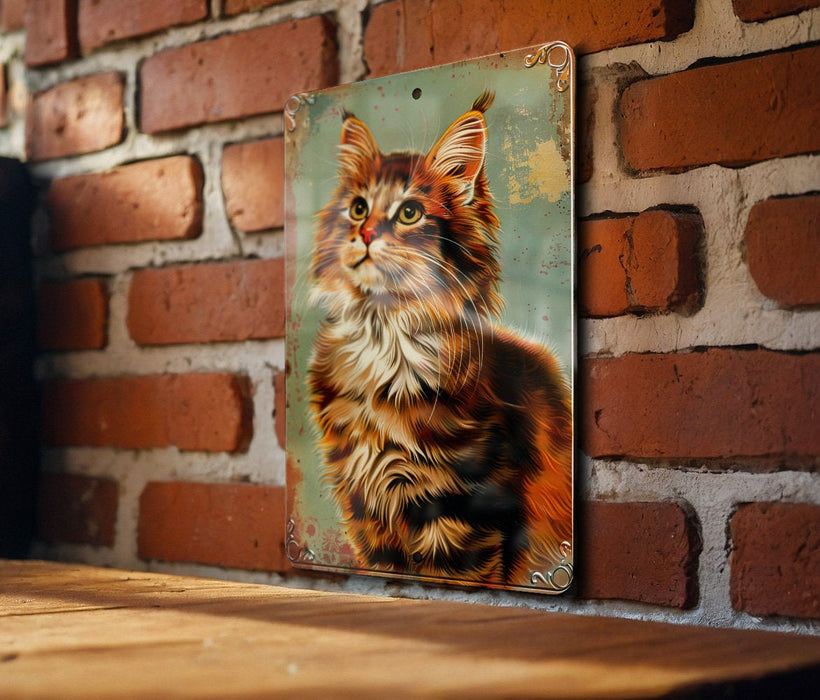 a picture of a cat is hanging on a brick wall