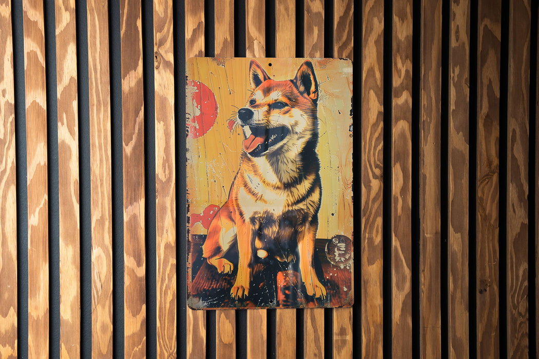 a picture of a dog on a wooden wall