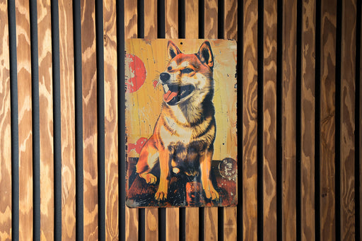 a picture of a dog on a wooden wall
