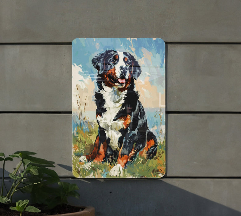 a painting of a dog on a wall next to a potted plant