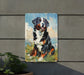 a painting of a dog on a wall next to a potted plant