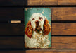a painting of a dog on a wooden bench