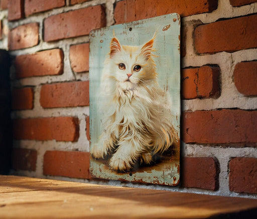 a picture of a white cat on a brick wall