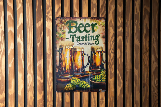 a beer sign hanging on the side of a wooden wall