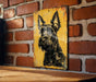 a picture of a dog on a yellow and black sign