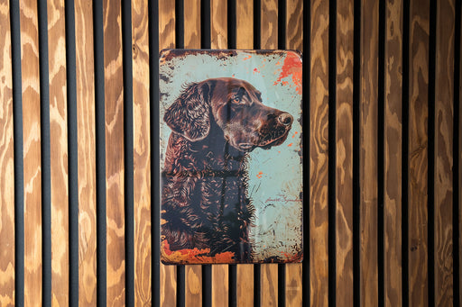 a picture of a dog is hanging on a wall