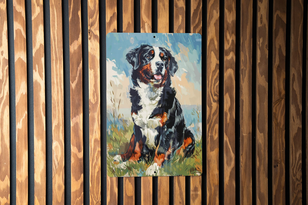 a painting of a dog on a wooden wall
