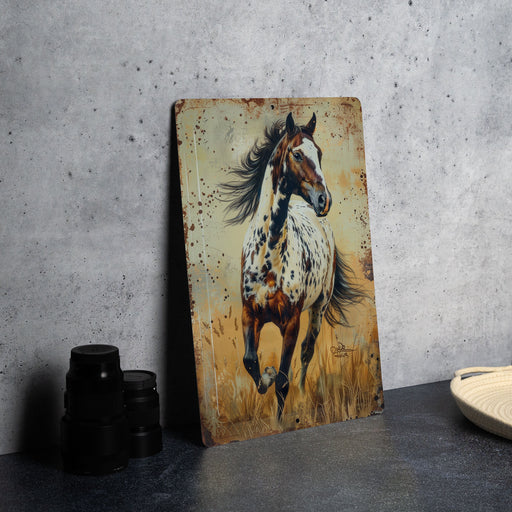 a painting of a horse running in a field